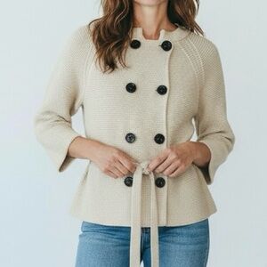 Burberry London Oatmeal Knit Double-Breasted Belted Sweater Jacket XS/S